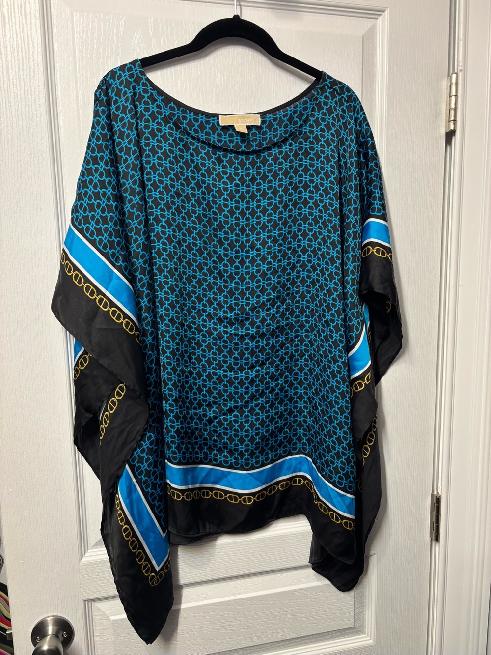 Michael Kors Black & Teal Chain-Print Poncho Top